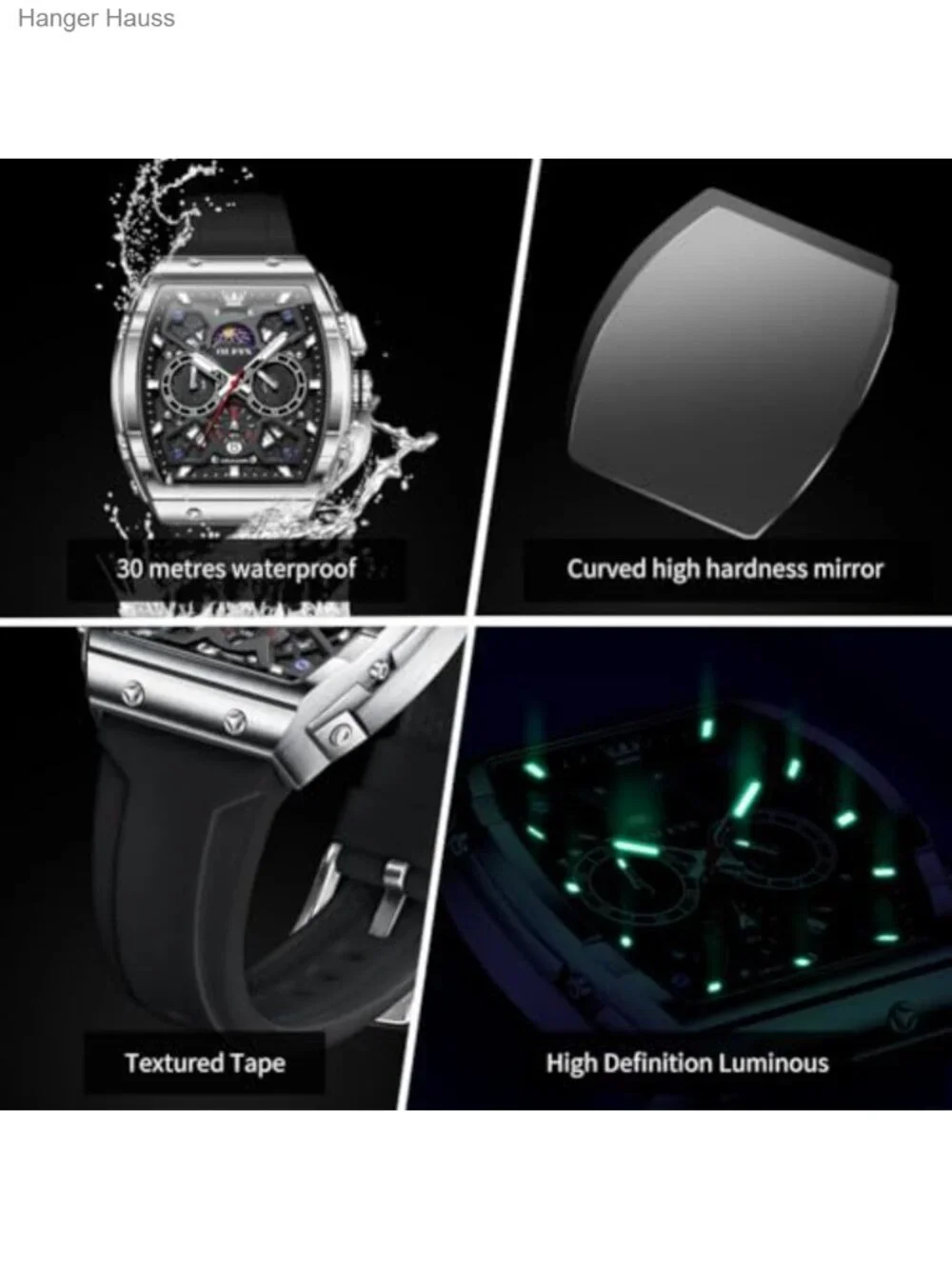Men's Luxury Square Skeleton Chronograph Watch Quartz Stainless Steel Rubber